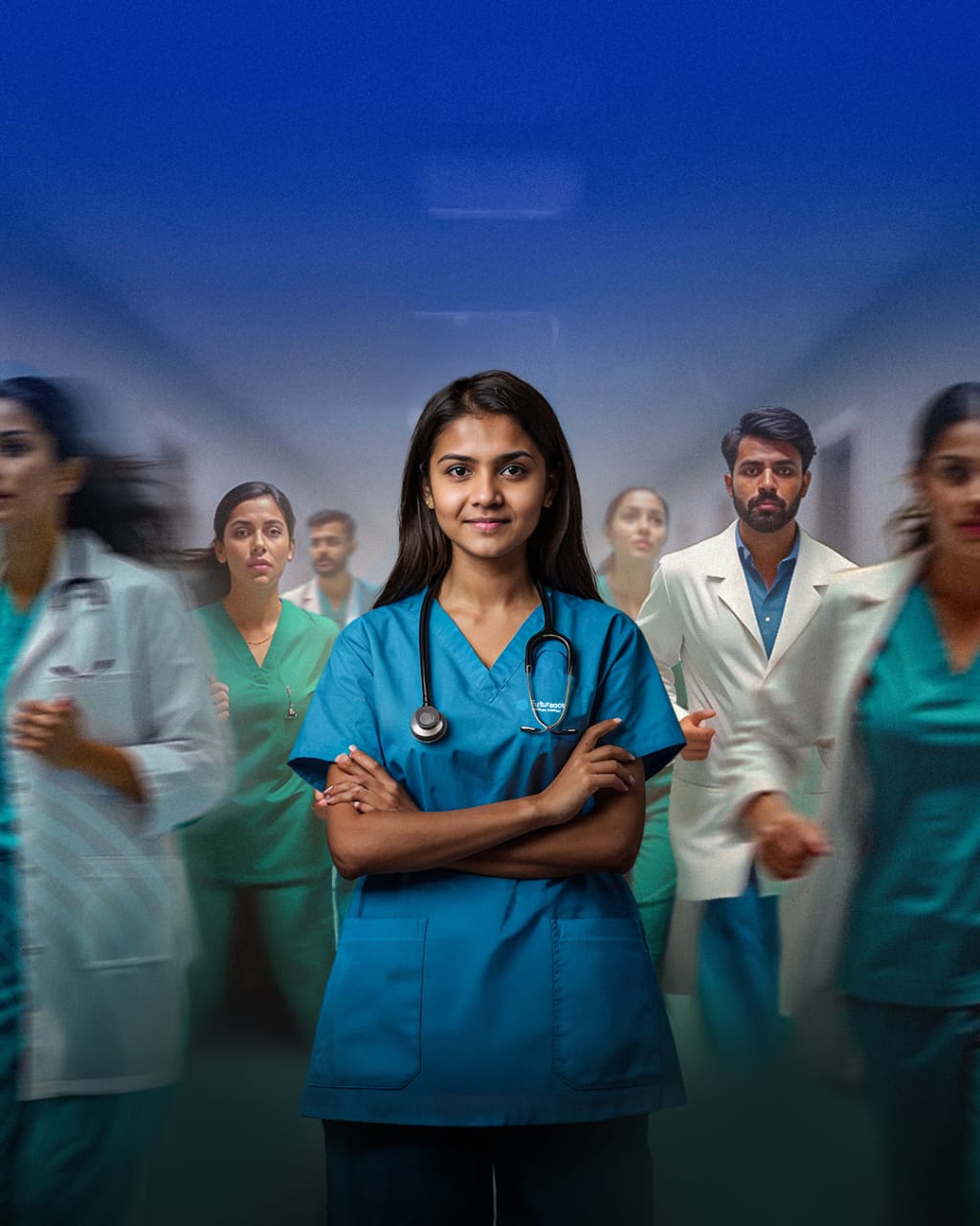 A representation image where a doctor is standing and other are running in an hurry in the background