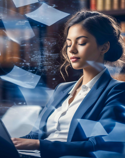 A women is showing professional attire with digital data is shown flying around her which is representative