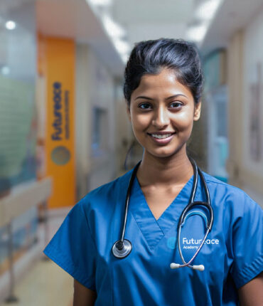 Image of a nurse of futureace hospital is shown where she is smiling