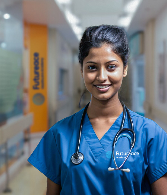 Image of a nurse of futureace hospital is shown where she is smiling