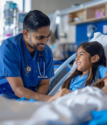 Futureace hospital doctor with a child patient smiling after her speedy recovery