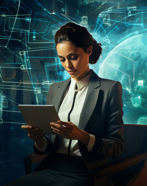 A women is shown working on her laptop with data are represented shown as flowing behind her