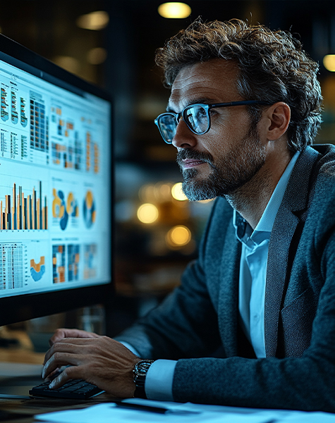 A healthcare and hospital management professional is working on data analytics on his desktop