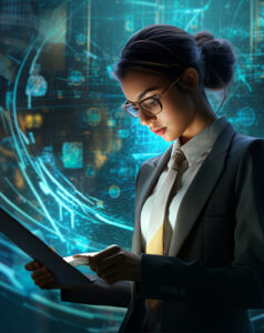 A women in professional attire is working on her laptop