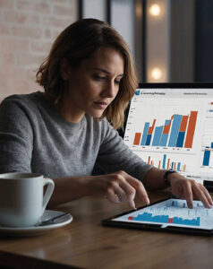 A women analysis data on her tablet with a laptop showing differrent projection near her