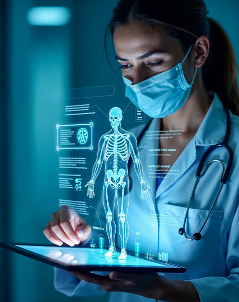A women in hospital attire working on her tablet where a Skelton is projected and she is reading something from it