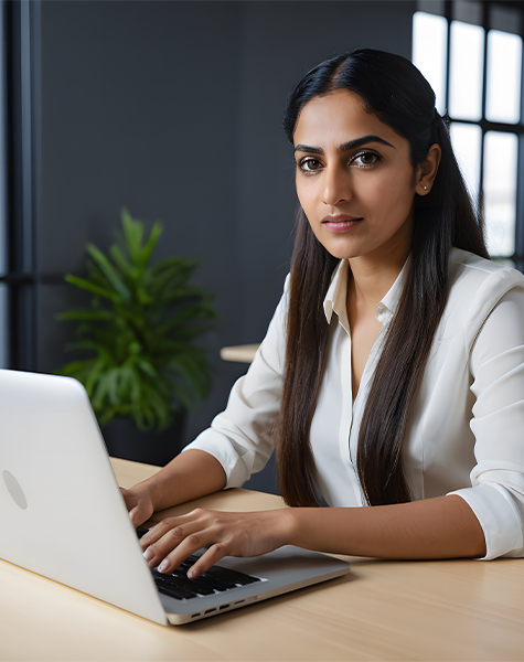 image of a female student in Healthcare Business Development, Marketing, and Analytics course of futureace academy sitting infront of his laptop
