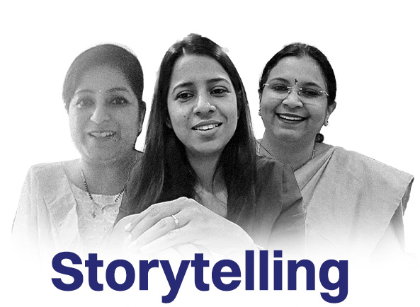 Image of three women with writing of " storytelling " in bottom